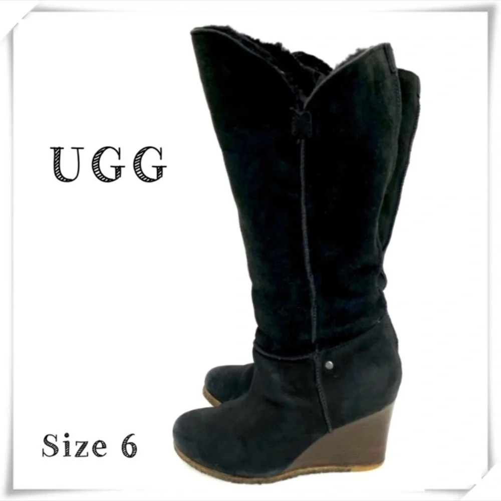 Ugg Suede Sheepskin Knee High Wedge Boot In Black